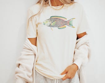 Colorful Tropical Fish Art Graphic Tee Vintage Style Ocean Sea Life Shirt Gildan Softstyle Natural Shirt Beachy Coastal Style