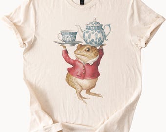 Toad in Red Jacket Holding Teapot and Teacup Whimsical Tea Party Animal Graphic Art Shirt Frog Illustration Nature Lover Gift Tee