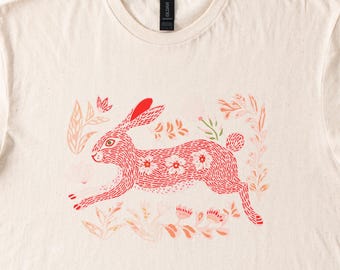 Floral Rabbit TShirt Running Hare Graphic Tee Spring Easter Nature Shirt