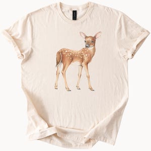 Cute Baby Deer Fawn Graphic T Shirt Nature Animal Lover Soft Neutral Tee Woodland Wildlife Art Shirt Gift for Her or Him Casual Outfit