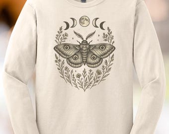 Lunar Moth Moon Phases Long Sleeve Shirt Woodland Wildflower Nature Insect Graphic Celestial Botanical Moth Floral Boho Spirit Tee