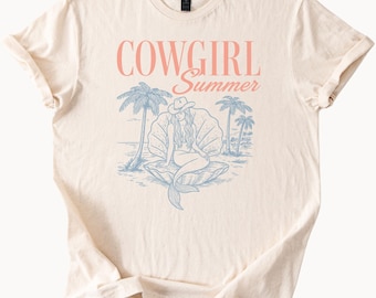 Cowgirl Summer mermaid graphic tee with western cowgirl hat beach seashell palm tree design soft casual shirt for summer outfits