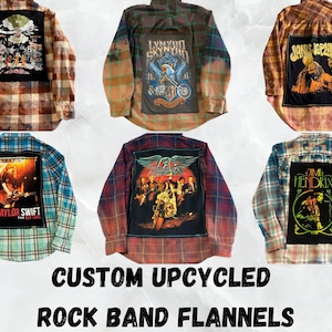 Flannel Shirt, upcycled clothing, bleached flannel, rock band graphic shirt, custom apparel, patch on back, flannel shirt with patch