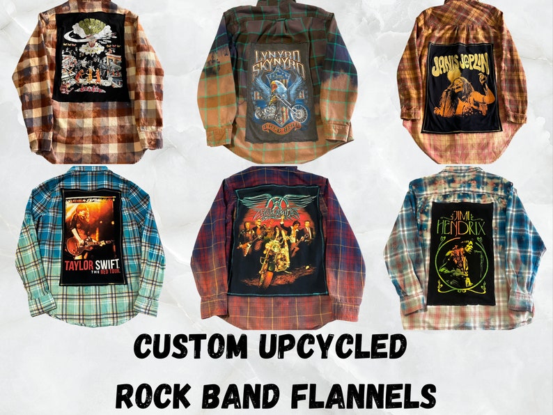 Flannel Shirt upcycled clothing bleached flannel rock band image 1