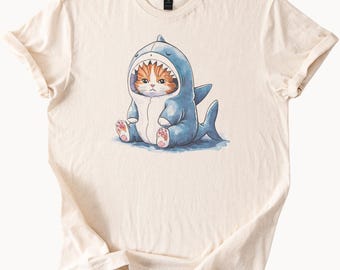 Cute Cat in Shark Costume Graphic T Shirt Funny Animal Art Tee Adorable Kitten Shark Outfit Shirt Unique Cat Lover Gift Shirt