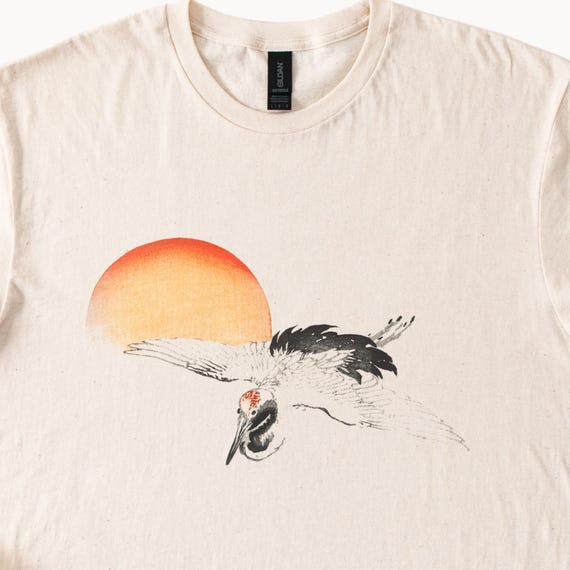 Minimalist flying crane graphic with vintage sunset art nature bird tee soft natural color Gildan Softstyle shirt