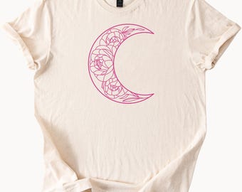 Maglietta con grafica floreale a mezzaluna, stile boho, a tema celeste.