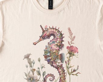 Koszulka Vintage Seahorse, Koszulka z nadrukiem kwiatowym Seahorse, Nadruk z konikiem morskim inspirowany naturą, Koszulka z motywem zwierząt oceanicznych, Miłośnik plaży