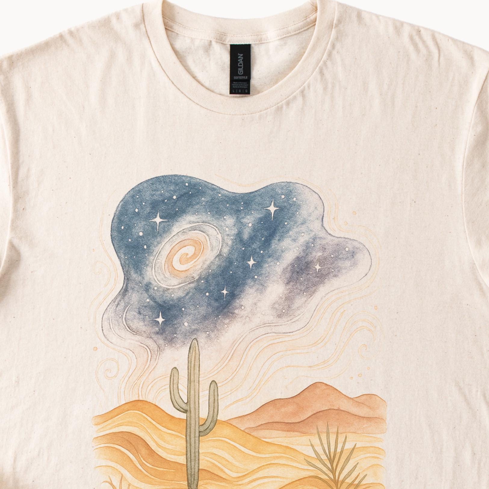 Women's Cactus Full Moon Graphic Tee - Desert Night Sky Vintage T-Shirt (Blue, Medium)
