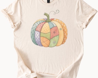 Maglietta grafica autunnale con patchwork di zucca pastello Maglietta autunnale con zucca colorata Maglietta autunnale con patchwork di zucca per il Ringraziamento