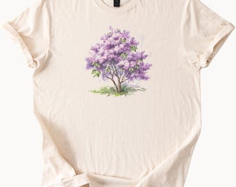 ライラックツリーシャツ 紫の花 自然グラフィックTシャツ 春の花