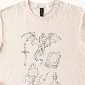 Dragon Fantasy Graphic Tee Medieval Sword Potion Engraving Style