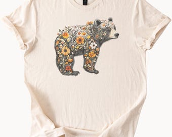 Camiseta con estampado de oso, diseño floral, animal, naturaleza, flores silvestres, estilo botánico. Camiseta de algodón suave para amantes de los osos y la naturaleza. Ropa única de vida silvestre.