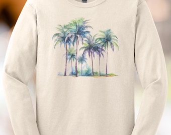 Palm Trees Watercolor Long Sleeve Shirt Beach Art Graphic Nature Scene Tropical Landscape Tee Coastal Aesthetic Shirt