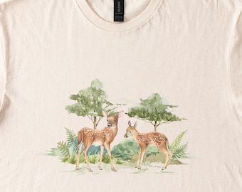 Cerf faon forêt t-shirt graphique aquarelle forêt nature animal t-shirt mignon faune art arbres extérieur esthétique coton doux