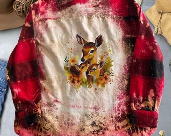 Boho Cute Deer Family Flannel Bleached Shirt Hippie Design Custom Made Flannel Button Up Cute Gift For Her nature gift for mom reworked