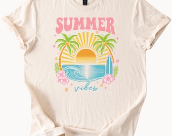 Summer Vibes Graphic T Shirt Beach Sunset Palm Trees Surf Wave Sun Retro Aesthetic Floral Tee Summer Vacation Shirt for Women Men