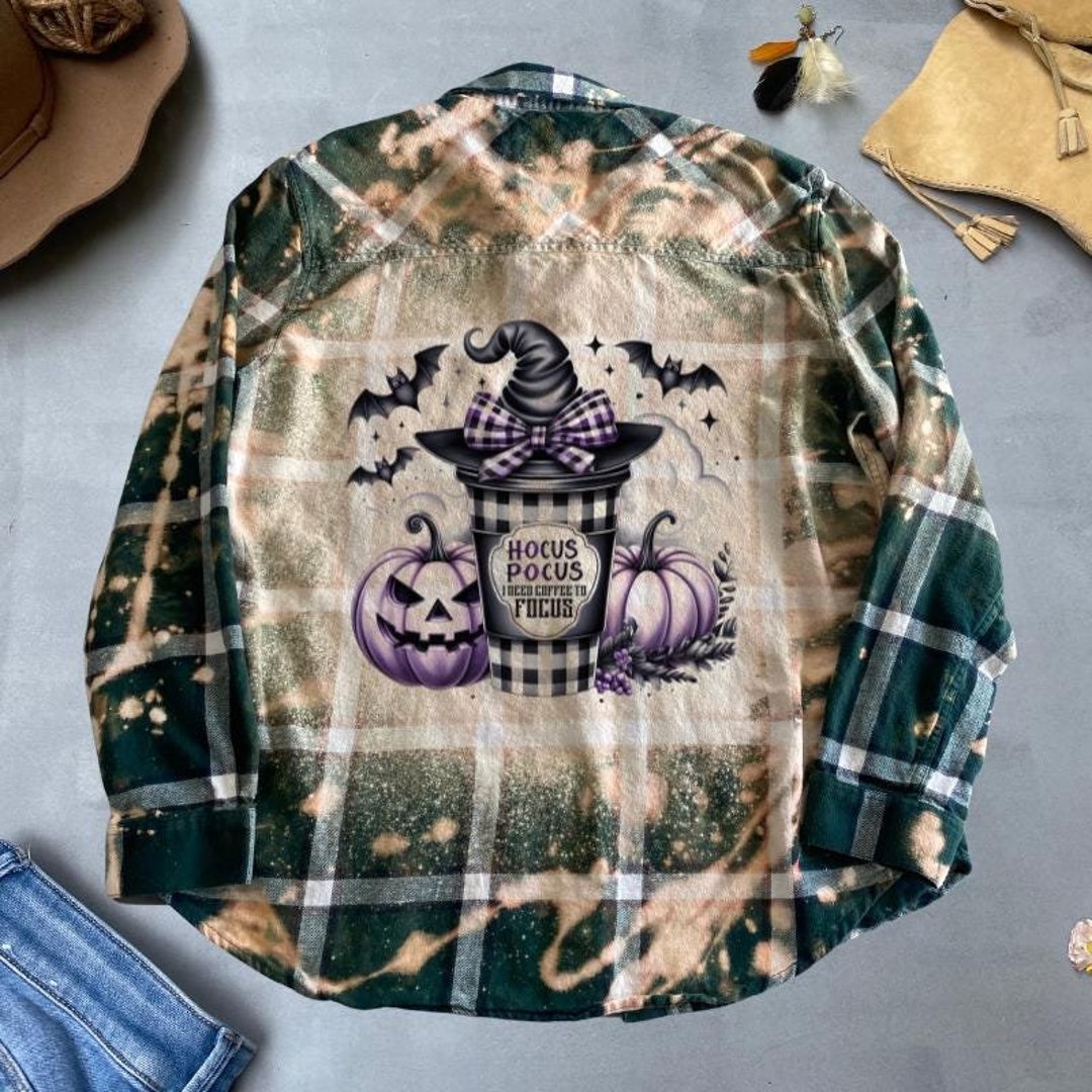 Halloween Shirt, Graphic Flannel, Witch Hat Pumpkins Design, Hocus Pocus  Shirt, Plaid Flannel Shirt, Fall Season Shirt Bleached Flannel
