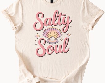 Salty Soul Grafik-T-Shirt, Pastellfarben, Muschel, Perle, Ozean, Strandliebhaber, süßes Sommer-Ästhetik-Küsten-Kleidungsstück, weiches Komfort-T-Shirt