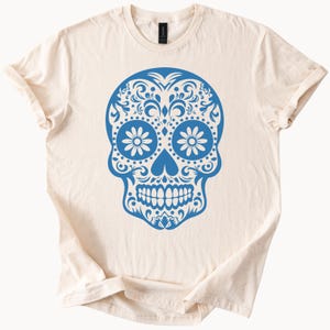 Blue Floral Sugar Skull T Shirt Mens Womens Day of the Dead Mexican Calavera Graphic Tee Gift Idea