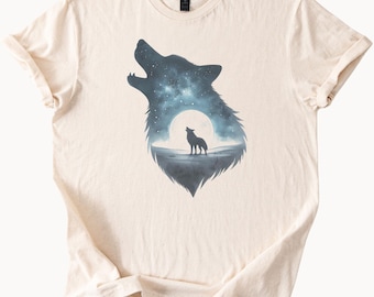 Howling Wolf Moonlight Night Sky Graphic T Shirt Wilderness Animal Silhouette Nature Art Tee Starry Forest Wolf Lover Gift Shirt