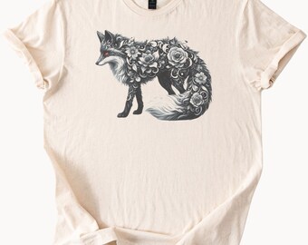 Bloemen Black Fox grafisch T-shirt Mystieke dierenkunst T-shirt Natuur geïnspireerd bosontwerp Zacht katoenen shirt voor dierenliefhebbers