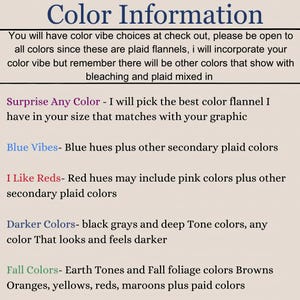 Puede incluir: Imagen con texto "Color Information". El texto describe opciones de color para franelas a cuadros, incluyendo "Surprise Any Color", "Blue Vibes", "I Like Reds", "Darker Colors" y "Fall Colors".