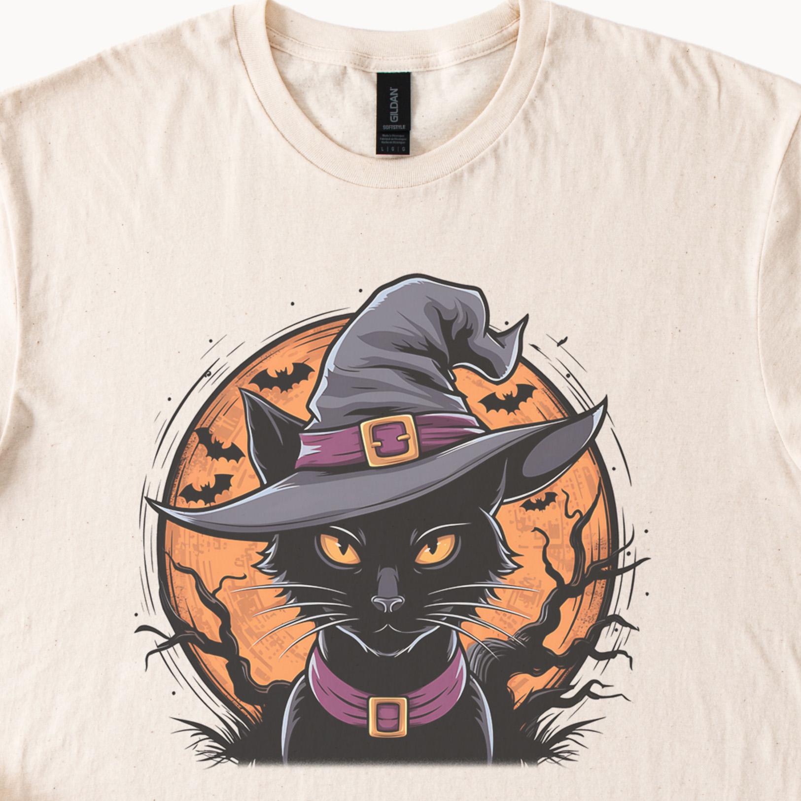 ハロウィン猫シャツ、魔女帽子グラフィックTシャツ、オレンジムーン