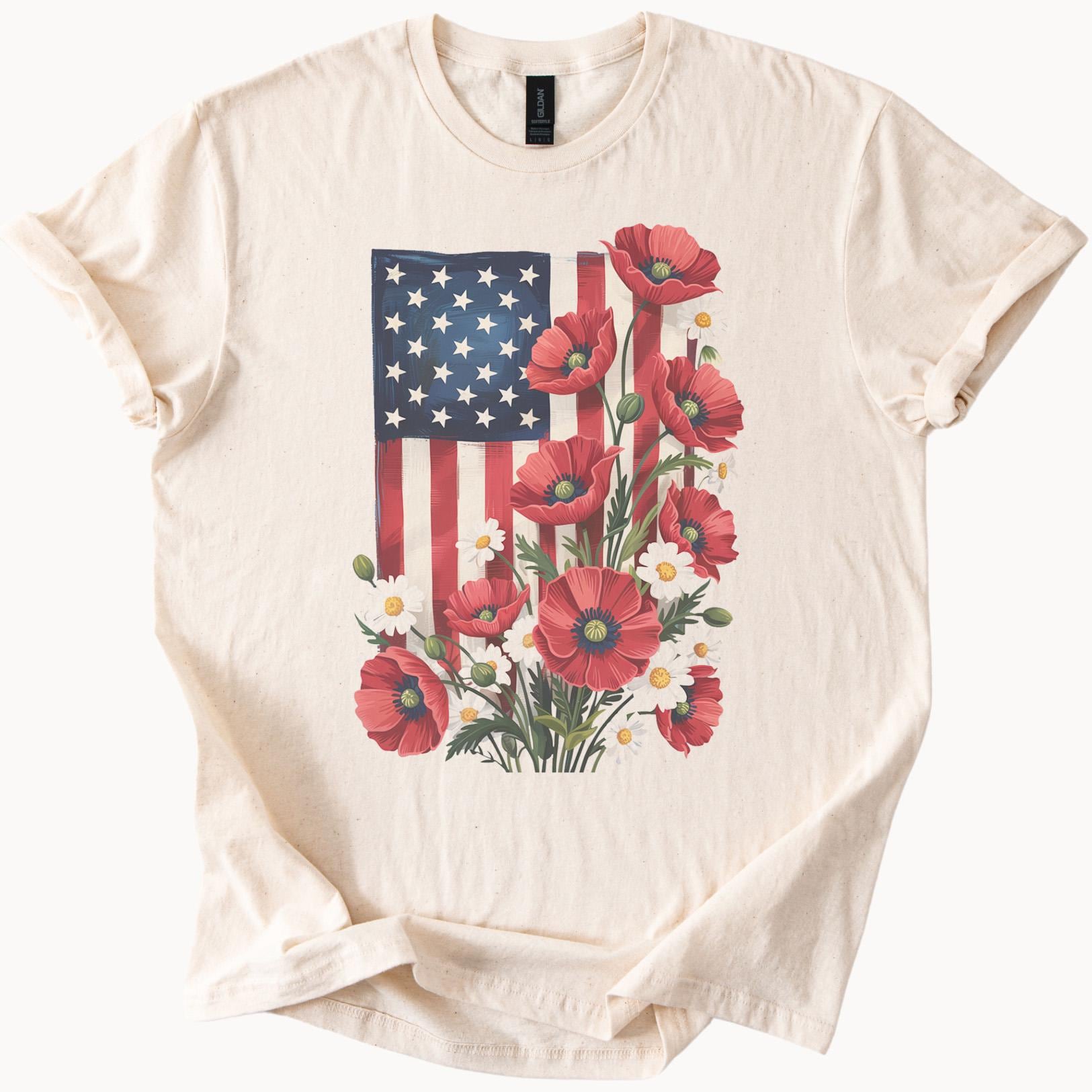 American Flag Poppy Flower Graphic Tee Patriotic Wildflower Shirt