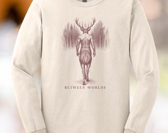 Between Worlds Stag Man Walking Into the Forest Long Sleeve Tee