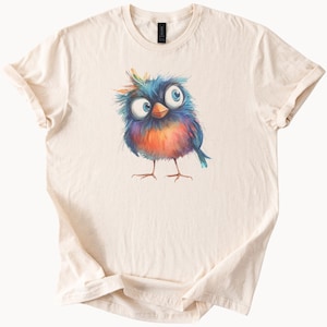 Maglietta con grazioso uccellino blu, maglietta grafica colorata, regalo per gli amanti degli uccelli, top con animali stravaganti