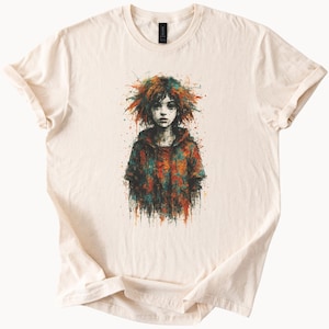 鮮やかな抽象的な肖像画Tシャツ、カラフルなスプラッターアートグラフィックシャツ、ユニークな芸術的デザインの服飾ステートメントファッショントップ