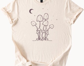 Camiseta con gráfico de luna de hongo, ilustración botánica de hongos, camiseta para amantes de la naturaleza, cielo nocturno celestial, estrellas, camiseta artística de hongos