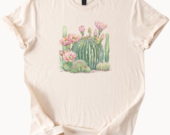 Camiseta de cactus con acuarela y planta del desierto. Camiseta floral con suculentas.