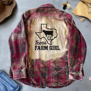 Texas Farm Girl Graphic Upcycled Flannel Shirt Bleached Plaid Shirt Western Cowgirl Outfit Rustic Country Life Ranch Style Shirt