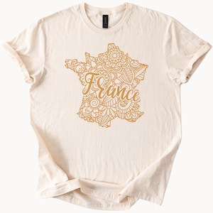 Frankreich Karte Floral Grafik T-Shirt Künstlerischer Frankreich Umriss T-Shirt Land Stolz Shirt Französisches Reisegeschenk Mandala Stil Frankreich Shirt