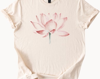 Lotus flower graphic tee soft pink watercolor floral shirt hand drawn lotus blossom art t shirt nature inspired botanical top