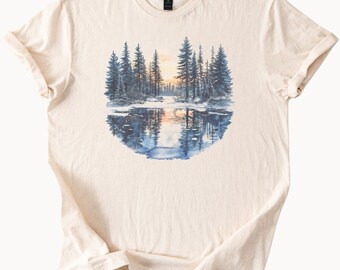 Sunset pine forest and lake reflection watercolor landscape graphic nature trees outdoors hiking art soft cream tshirt