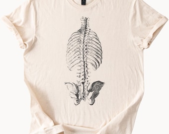 Koszulka z grafiką anatomiczną "Szkielet kręgosłupa i klatki piersiowej" Koszulka z grafiką anatomiczną "Szkielet" Koszulka z anatomią człowieka Alternatywna koszulka z grafiką anatomiczną Miękka kremowa koszulka