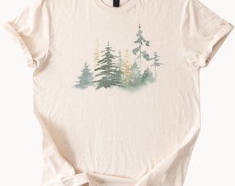 forest pine tree watercolor graphic nature art shirt neutral green gold evergreen tee