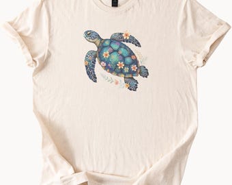 Camiseta floral de tortuga marina, camiseta con gráfico oceánico, camiseta bohemia de tortuga