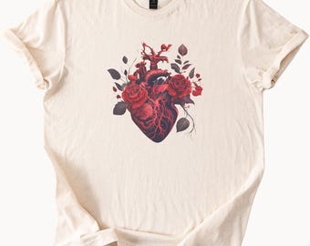 解剖学的ハートローズTシャツ、花柄ハートTシャツ、ゴシックバレンタインシャツ、ユニークなグラフィックトップス