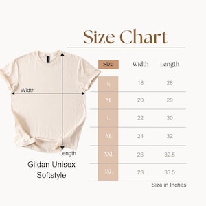 May include: Size chart for Gildan Unisex Softstyle t-shirts, showing width and length measurements in inches for sizes S, M, L, XL, XXL, and 3XL.