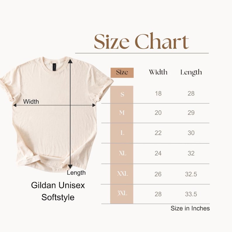 May include: Size chart for Gildan Unisex Softstyle t-shirts, showing width and length measurements in inches for sizes S, M, L, XL, XXL, and 3XL.
