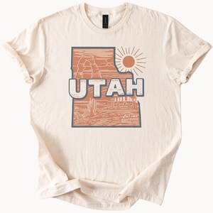 T-shirt graphique de l'Utah, paysage désertique avec soleil et carte de l'état de Salt Lake City, t-shirt nature occidentale pour les amateurs d'aventures en plein air