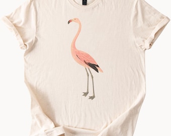 Pink Flamingo Shirt Graphic Tee Natural Beige Color Retro Antique Cotton Bird Lover T Shirt