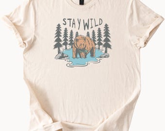 Stay Wild Bear Catching Fish T Shirt Nature Lover Tee Outdoors Graphic Top