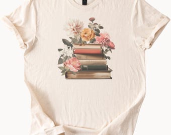Floral Book Stack Graphic Tee Aesthetic Flower and Books Shirt Cute Literary Reader Gift for Book Lovers Botanical Reading Top