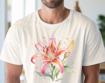 Pink Lily Flower Watercolor Graphic T Shirt Botanical Floral Art