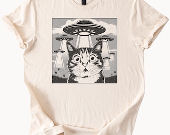 UFO Shirt Cat Abduction T Shirt Funny Alien Spaceship Tee Natural Beige Cotton